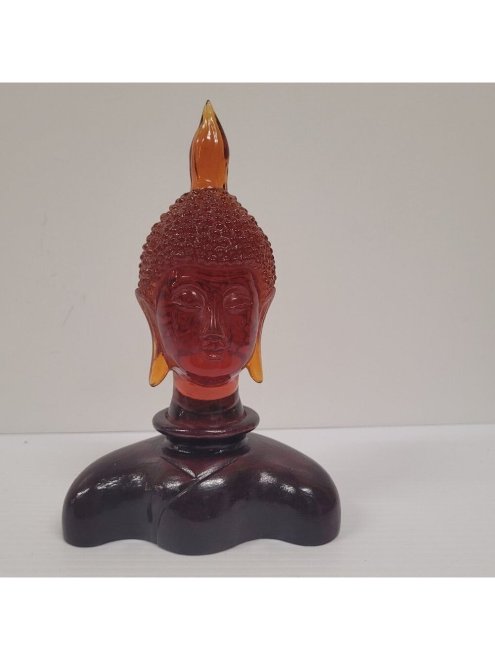 Buddha Amber Head Bust Wood Platform Acrylic or Glass Changes Colors 8.5"